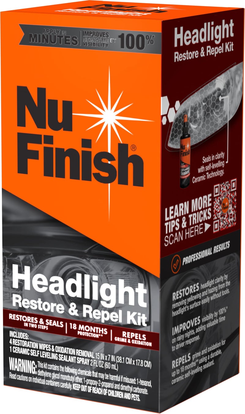 Nu Finish Headlight Restore and Repel Kit, 2-Step Car Headlight Restoration Kit with 4 Headlight Restorer Wipes and a Ceramic Self-Leveling Headlight Sealant Spray - Image 2